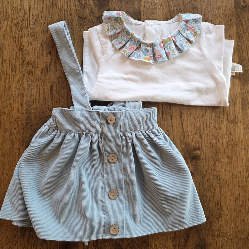 Blue Pinafore Dress and White Floral Tee